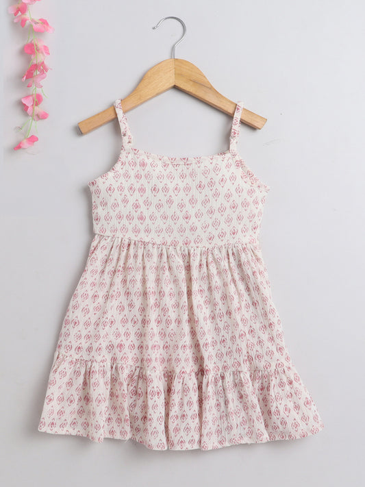Block printed Singlet Neck sustainable Cotton Dress for Girls - Off White