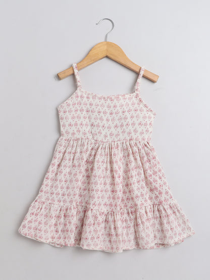 Block printed Singlet Neck sustainable Cotton Dress for Girls - Off White