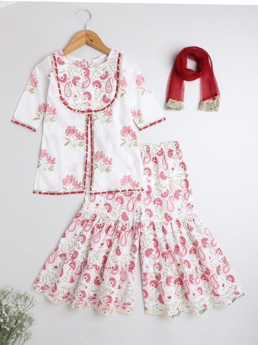 Floral Print Short Sleeves Gota Lace Detailing Kurta & Sharara Set With Dupatta For Girls-Pink