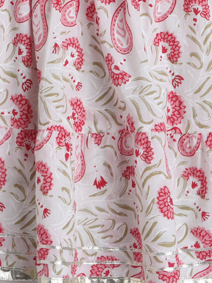 Floral Print Short Sleeves Gota Lace Detailing Kurta & Sharara Set With Dupatta For Girls-Pink