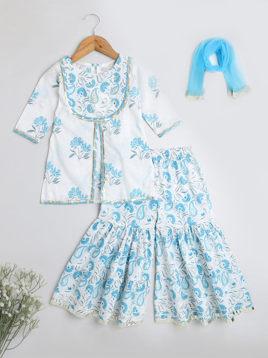 Floral Print Short Sleeves Gota Lace Detailing Kurta & Sharara Set With Dupatta For Girls-Blue