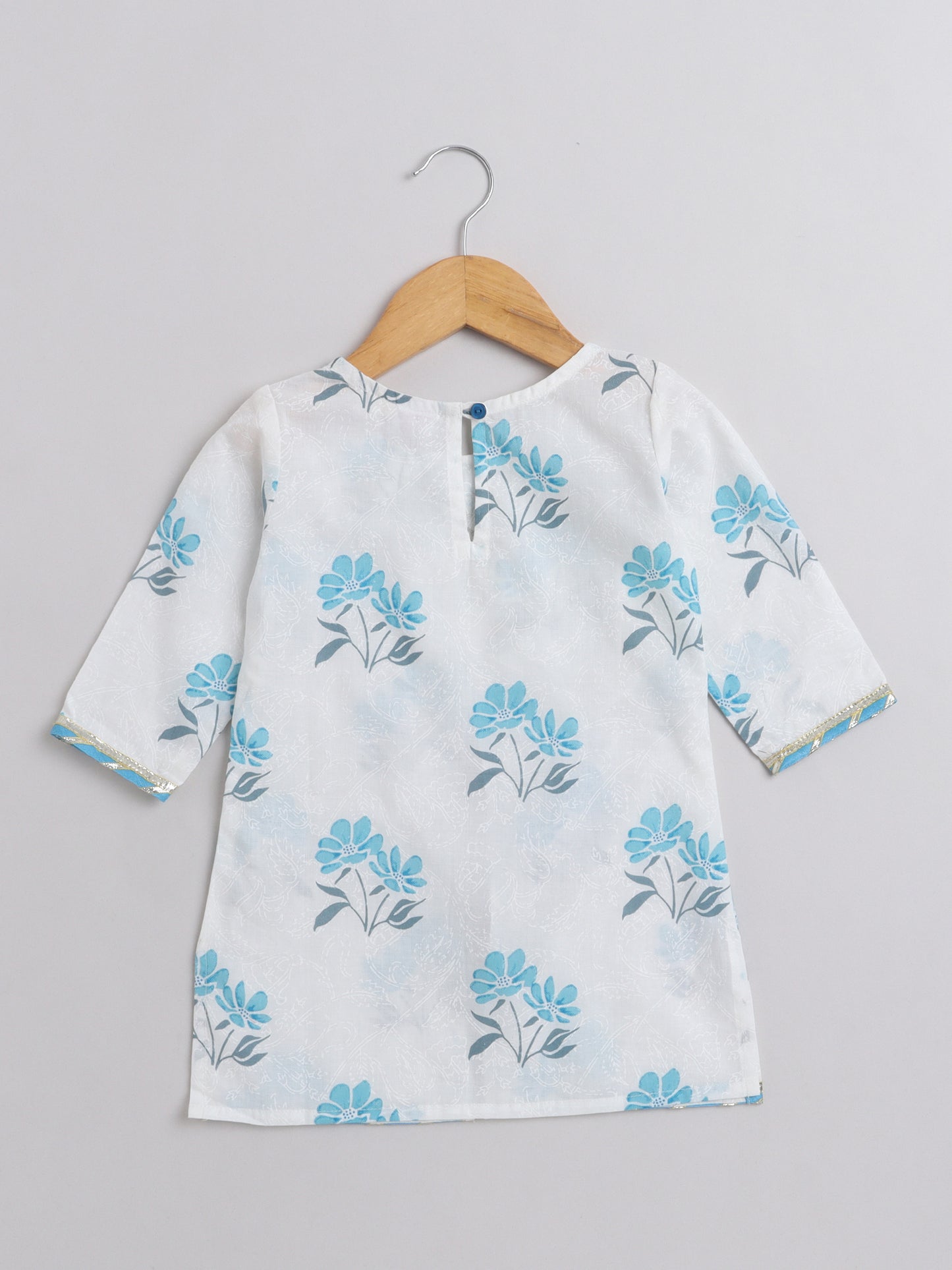 Floral Print Short Sleeves Gota Lace Detailing Kurta & Sharara Set With Dupatta For Girls-Blue