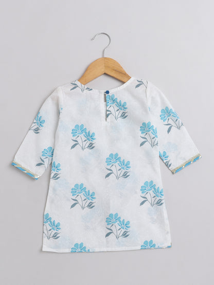 Floral Print Short Sleeves Gota Lace Detailing Kurta & Sharara Set With Dupatta For Girls-Blue