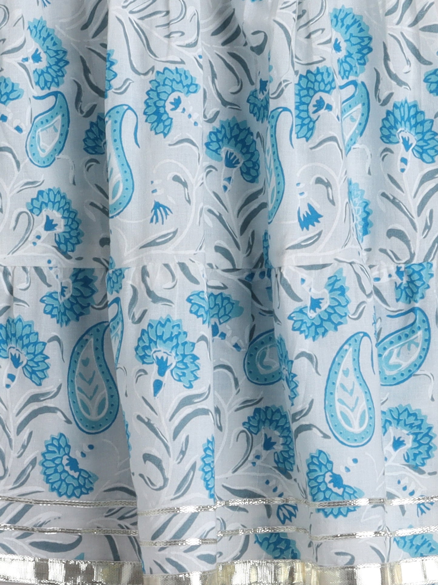 Floral Print Short Sleeves Gota Lace Detailing Kurta & Sharara Set With Dupatta For Girls-Blue