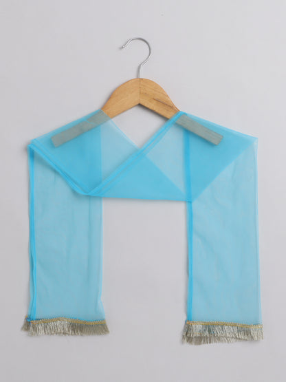 Floral Print Short Sleeves Gota Lace Detailing Kurta & Sharara Set With Dupatta For Girls-Blue
