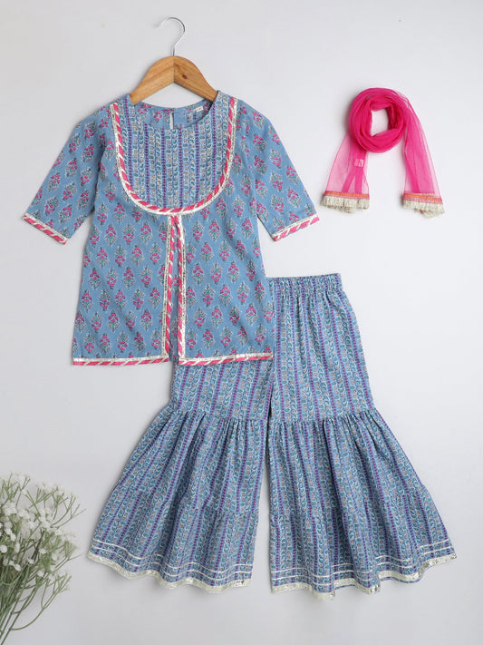 Half Sleeves Striped Pattern Leaf Vine And Floral Printed Gota Laced Embellished  Kurta & Sharara Set With Dupatta - Blue