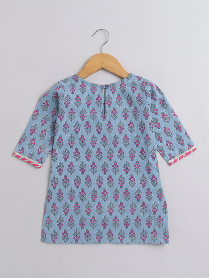 Half Sleeves Striped Pattern Leaf Vine And Floral Printed Gota Laced Embellished  Kurta & Sharara Set With Dupatta - Blue
