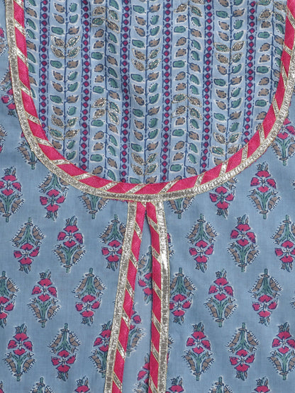 Half Sleeves Striped Pattern Leaf Vine And Floral Printed Gota Laced Embellished  Kurta & Sharara Set With Dupatta - Blue