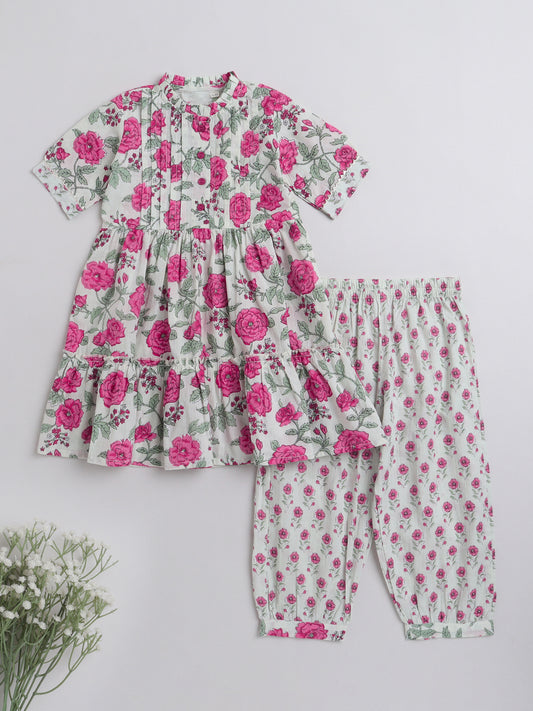 All Over Printed Short Sleeves Gathered Top With Afhgani Pants For Girls-Pink