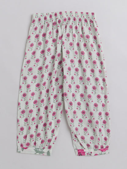 All Over Printed Short Sleeves Gathered Top With Afhgani Pants For Girls-Pink