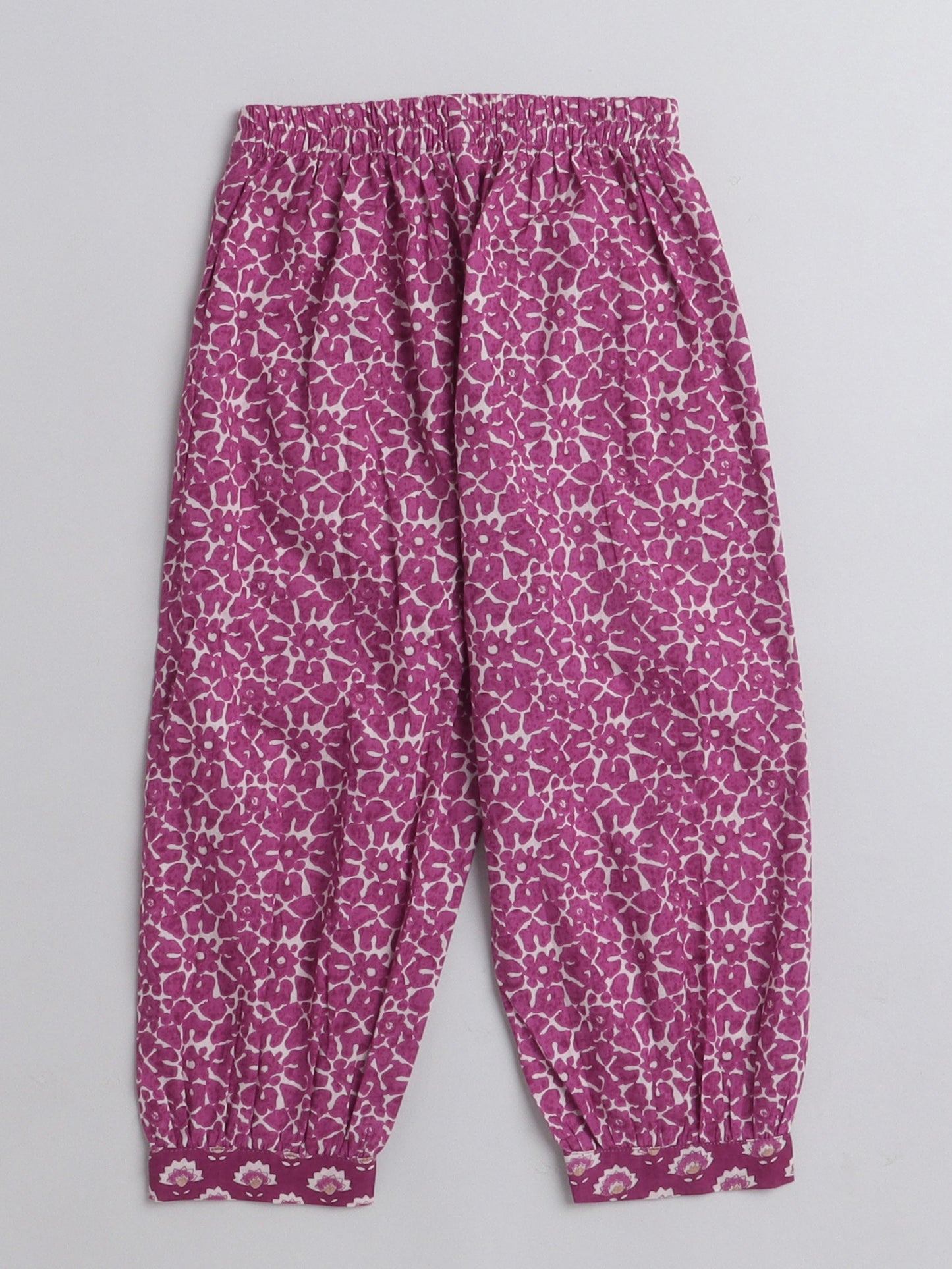 Half Sleeves Ethnic  Floral Motif Printed & Gota Lace Embellished  Kurta With Harem  Pant Set - Magenta Pink