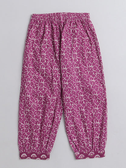 Half Sleeves Ethnic  Floral Motif Printed & Gota Lace Embellished  Kurta With Harem  Pant Set - Magenta Pink