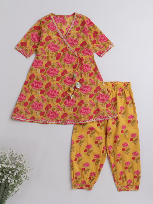 Floral Print Elbo Sleeves Gota Lace Kurta & Balloon Pant Set For Girls-Yellow