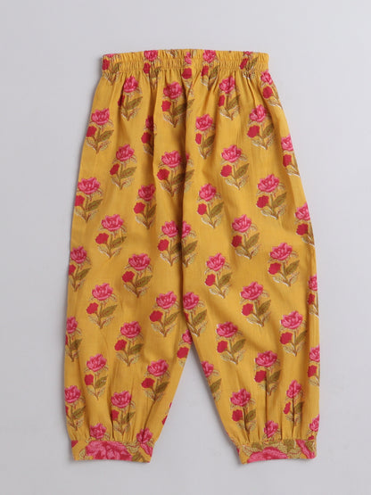Floral Print Elbo Sleeves Gota Lace Kurta & Balloon Pant Set For Girls-Yellow