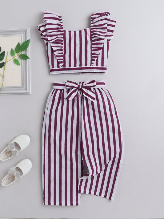 Cap Sleeves Frill Detailed Candy Striped Top With Bow Embellished Coordinating Pant - White & Purple