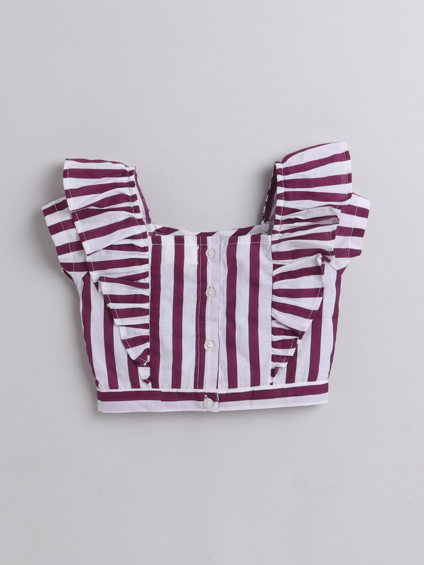 Cap Sleeves Frill Detailed Candy Striped Top With Bow Embellished Coordinating Pant - White & Purple