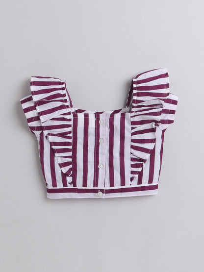 Cap Sleeves Frill Detailed Candy Striped Top With Bow Embellished Coordinating Pant - White & Purple