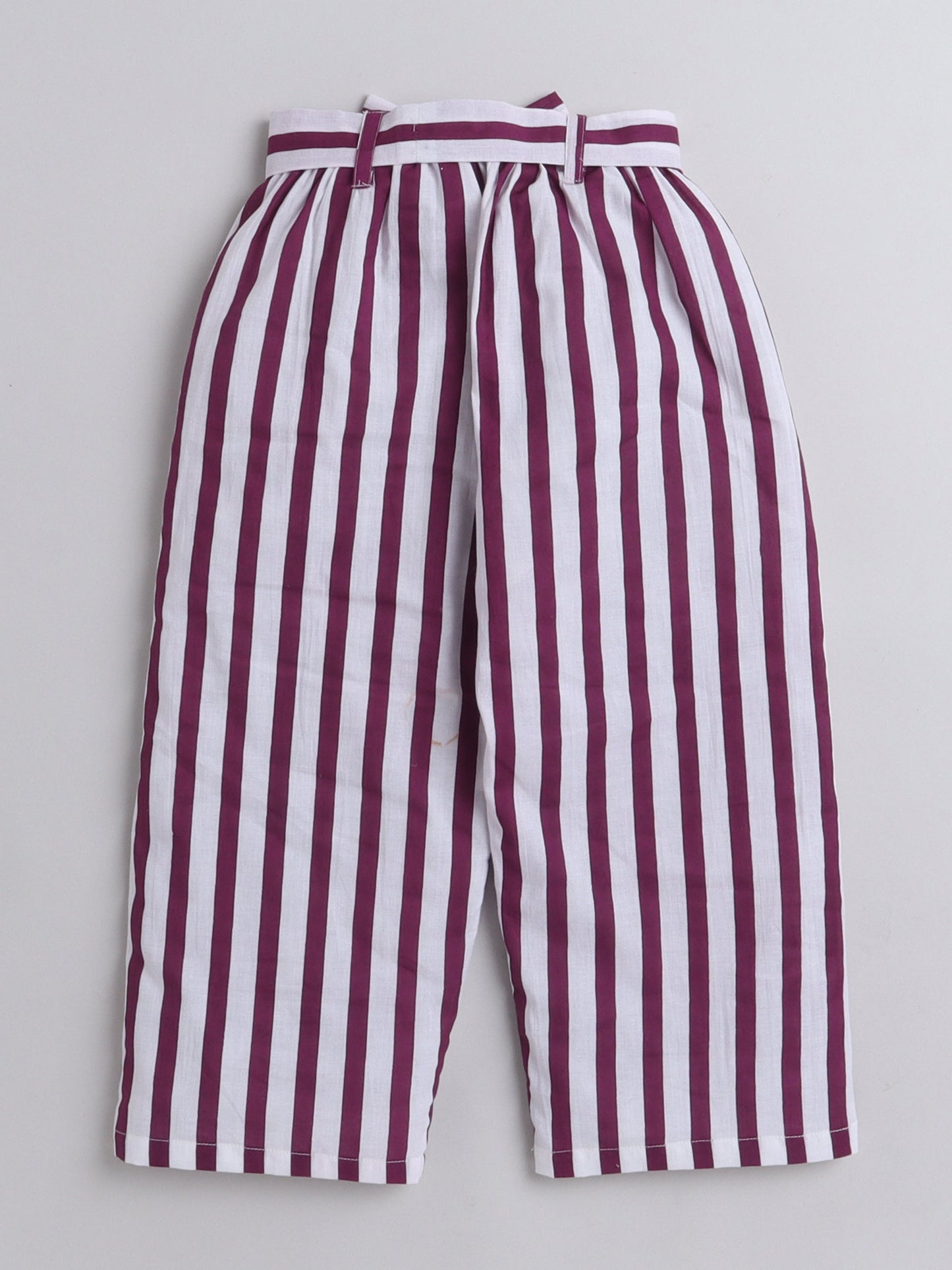 Cap Sleeves Frill Detailed Candy Striped Top With Bow Embellished Coordinating Pant - White & Purple