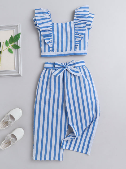 The Magic Wand Frill Detailed Top With Coordinating Stripes Bow Embelished Pant Set For Girls Blue