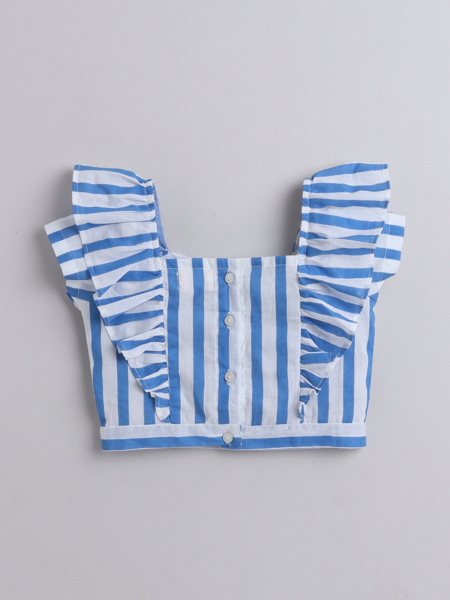 The Magic Wand Frill Detailed Top With Coordinating Stripes Bow Embelished Pant Set For Girls Blue