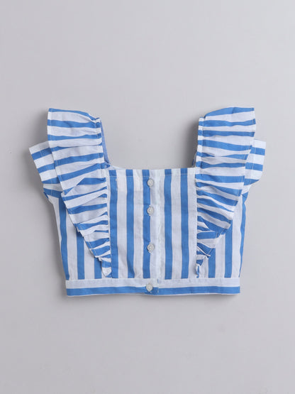 The Magic Wand Frill Detailed Top With Coordinating Stripes Bow Embelished Pant Set For Girls Blue