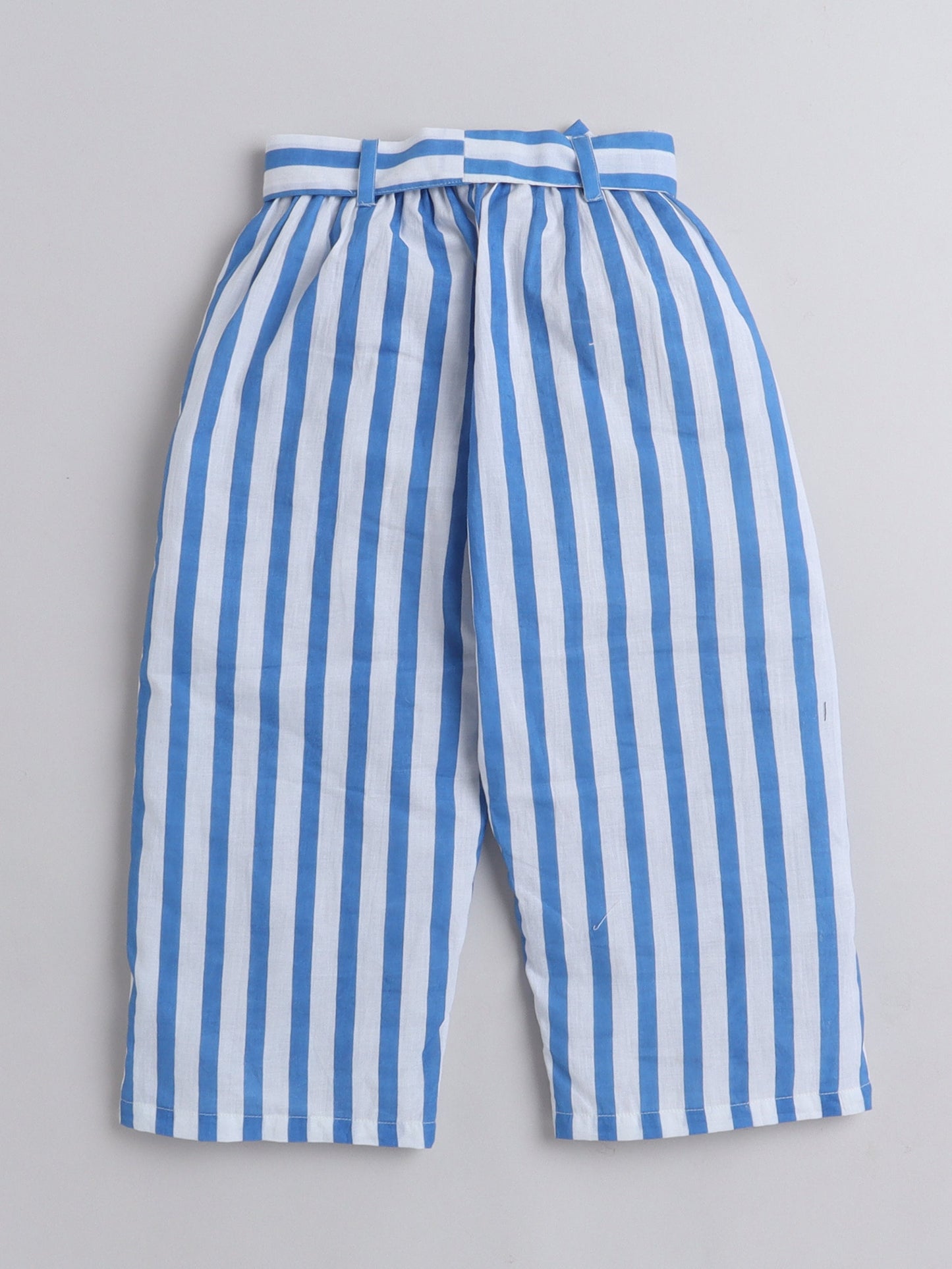 The Magic Wand Frill Detailed Top With Coordinating Stripes Bow Embelished Pant Set For Girls Blue