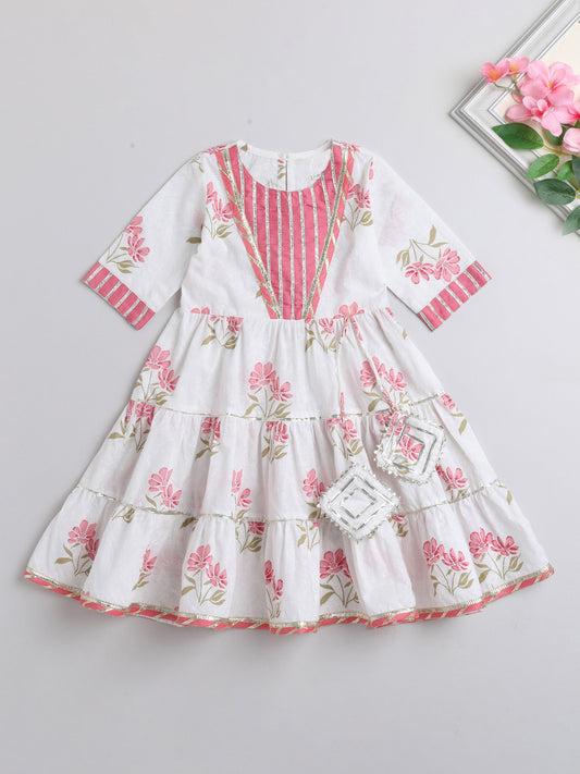 The Magic Wand Printed Elbow Sleeves Magji Lace & Tassle Detailing Tiered Gota Dress For Girls White