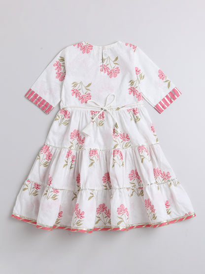 The Magic Wand Printed Elbow Sleeves Magji Lace & Tassle Detailing Tiered Gota Dress For Girls White