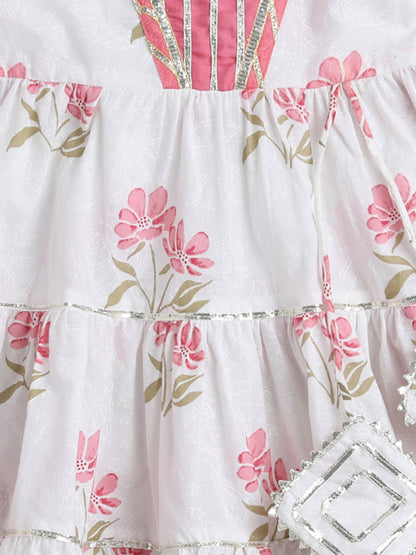The Magic Wand Printed Elbow Sleeves Magji Lace & Tassle Detailing Tiered Gota Dress For Girls White