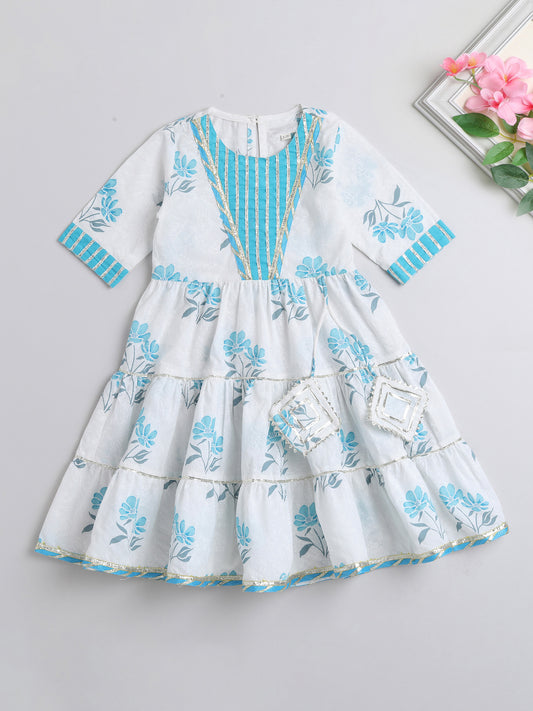 Printed Elbow Sleeves Magji Lace & Tassle Detailing Tiered Gota Dress For Girls-Blue