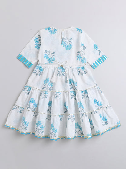 Printed Elbow Sleeves Magji Lace & Tassle Detailing Tiered Gota Dress For Girls-Blue