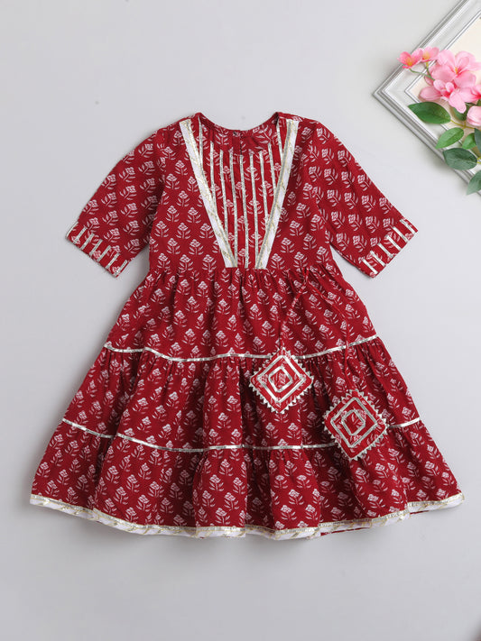 Printed Elbow Sleeves Magji Lace & Tassle Detailing Tiered Gota Dress For Girls-Maroon