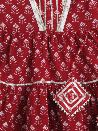 Printed Elbow Sleeves Magji Lace & Tassle Detailing Tiered Gota Dress For Girls-Maroon