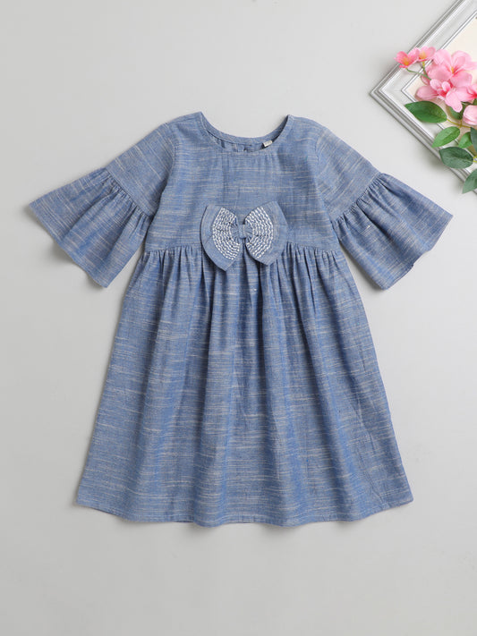 Solid Short Frill Sleeves Emboriered Bow Detailing Dress For Girls-Blue