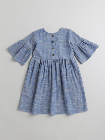 Solid Short Frill Sleeves Emboriered Bow Detailing Dress For Girls-Blue