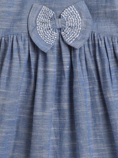 Solid Short Frill Sleeves Emboriered Bow Detailing Dress For Girls-Blue