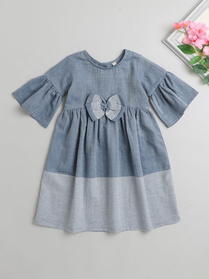 Half Bell Sleeves Bow Embellished & Placement Hairline Striped Fit & Flare Dress - Blue