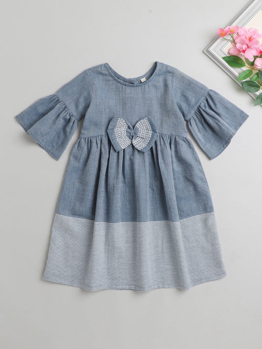 Half Bell Sleeves Bow Embellished & Placement Hairline Striped Fit & Flare Dress - Blue