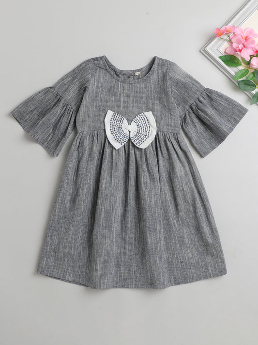Solid Short Frill Sleeves Emboriered Bow Detailing Dress For Girls- Grey
