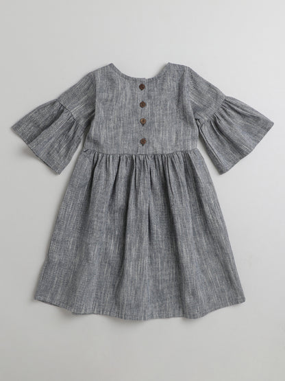 Solid Short Frill Sleeves Emboriered Bow Detailing Dress For Girls- Grey