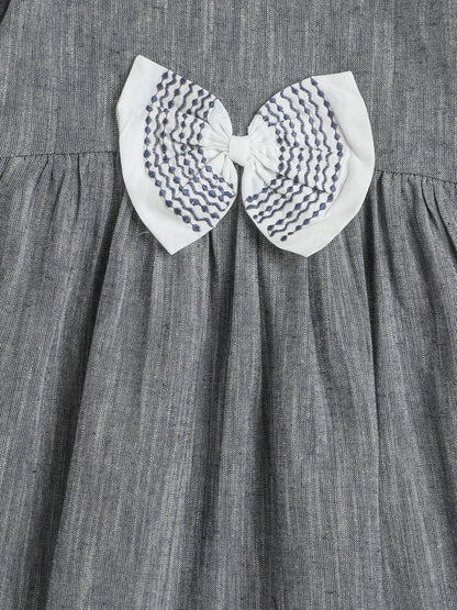 Solid Short Frill Sleeves Emboriered Bow Detailing Dress For Girls- Grey