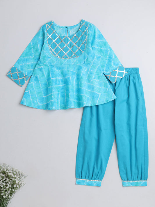 The Magic Wand Stripes Printed Full Sleeves Gota Lace Embelished Peplum Top with Afgani Pants For Girls Blue