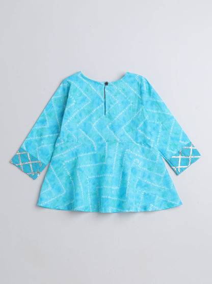 The Magic Wand Stripes Printed Full Sleeves Gota Lace Embelished Peplum Top with Afgani Pants For Girls Blue