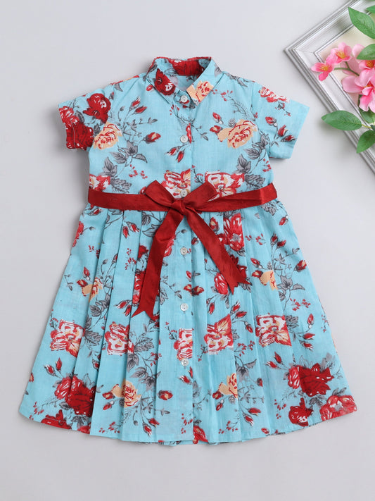 The Magic Wand Half Sleeves Floral Printed Collar Neck Dress With Belt Detailed For Girls Blue