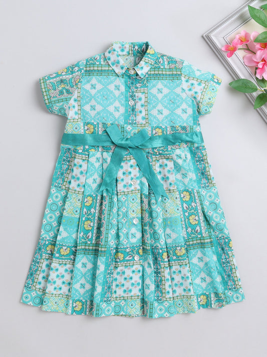The Magic Wand Half Sleeves Floral Printed Collar Neck Dress With Belt Detailed For Girls Turquoise