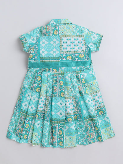 The Magic Wand Half Sleeves Floral Printed Collar Neck Dress With Belt Detailed For Girls Turquoise