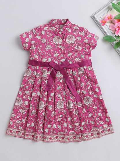 The Magic Wand Half Sleeves Floral Printed Collar Neck Dress With Belt Detailed For Girls - Pink