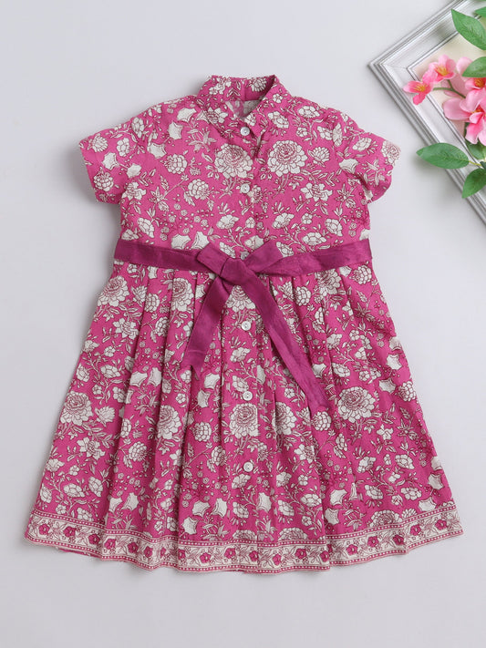 The Magic Wand Half Sleeves Floral Printed Collar Neck Dress With Belt Detailed For Girls - Pink