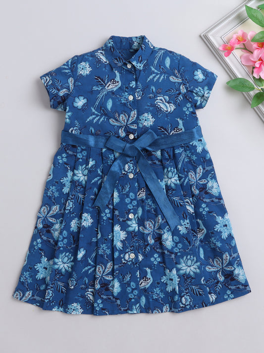 Half Sleeves Floral Printed Collar Neck Dress With Belt Detailed -Blue