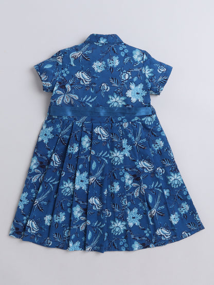 Half Sleeves Floral Printed Collar Neck Dress With Belt Detailed -Blue